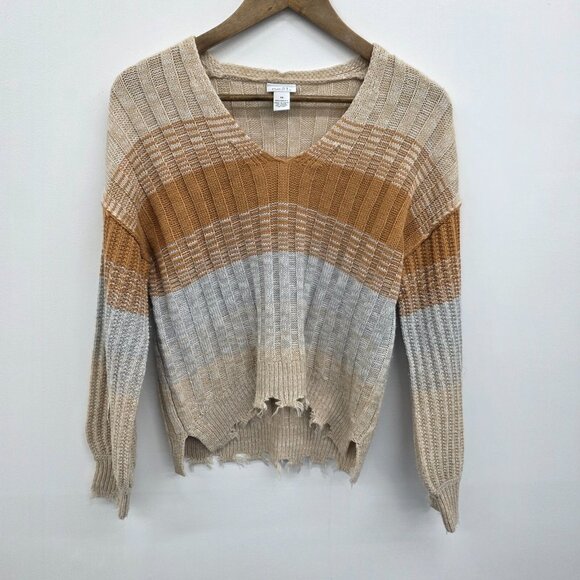 Womens XS Distressed V Neck Striped Knit Sweater Beige Tan Gray Boho Grunge - Picture 3 of 15